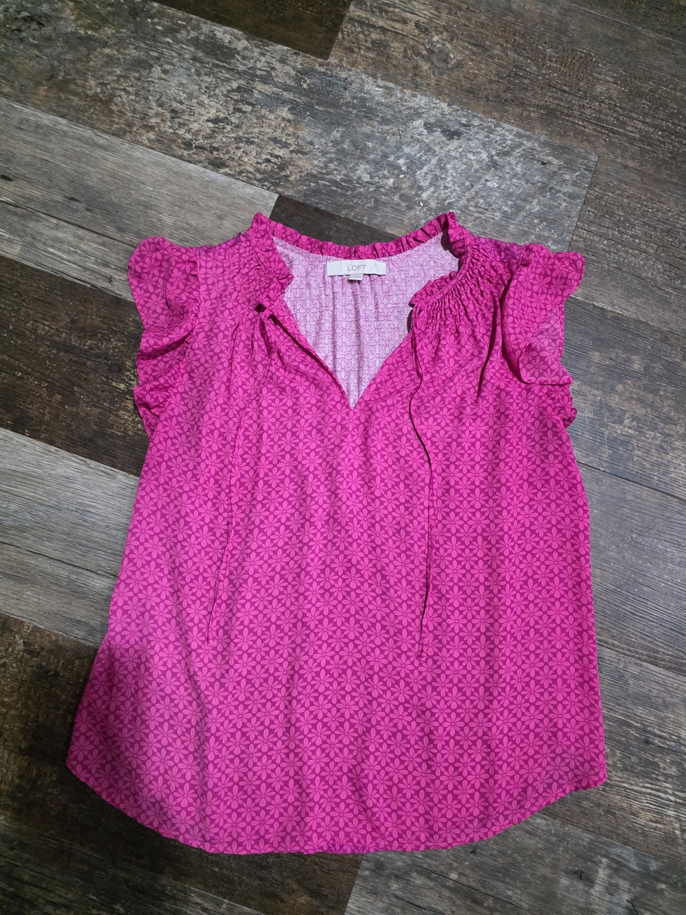 LOFT Hot Pink Ruffle Cap-Sleeve Split-Neck Blouse